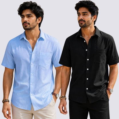 Combo of 2  Linen Half Sleeve Shirt Black and Sky Blue-51938