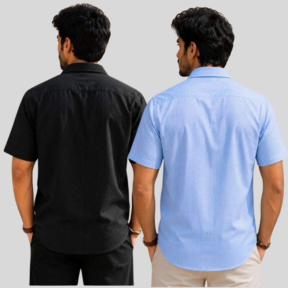 Combo of 2  Linen Half Sleeve Shirt Black and Sky Blue-51938