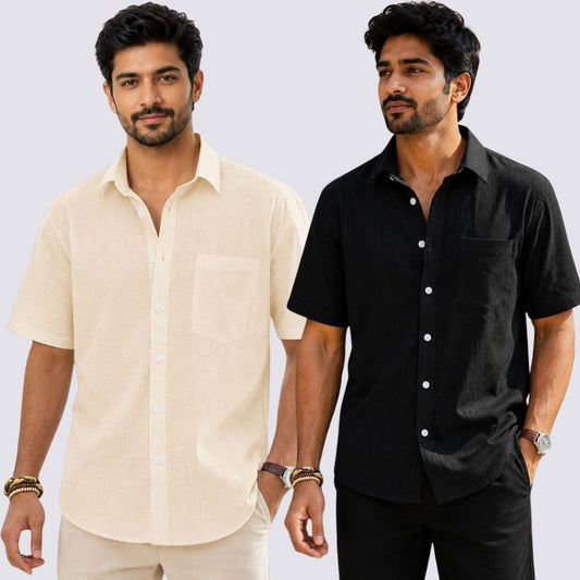 Combo of 2  Linen Half Sleeve Shirt Black and Light Beige-51939
