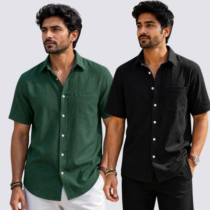 Combo of 2  Linen Half Sleeve Shirt Black and Bottle Green-51940