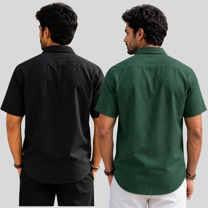 Combo of 2  Linen Half Sleeve Shirt Black and Bottle Green-51940