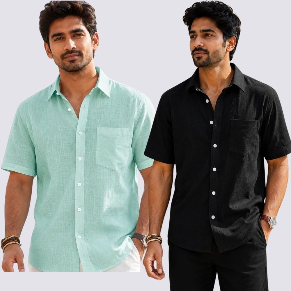 Combo of 2  Linen Half Sleeve Shirt Black and Parrot Green-51941