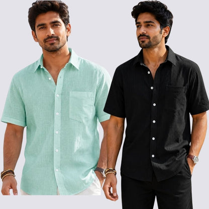 Combo of 2  Linen Half Sleeve Shirt Black and Parrot Green-51941
