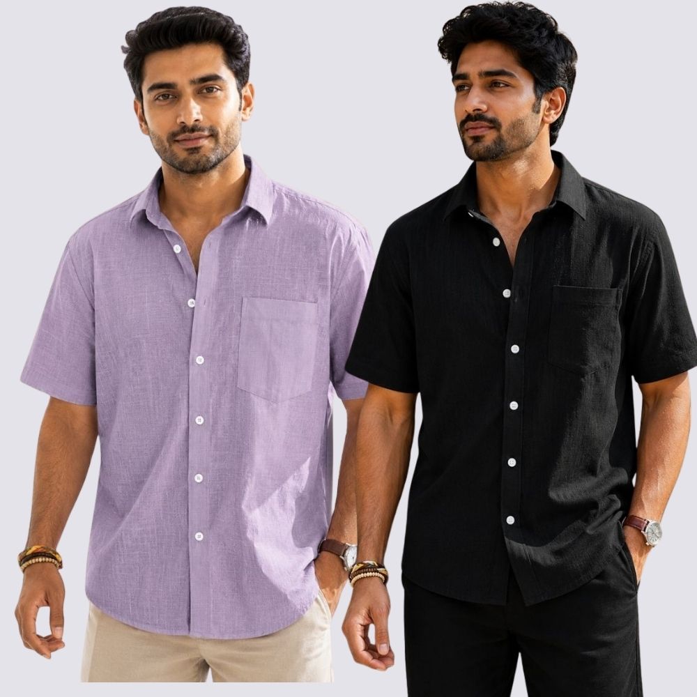 Combo of 2  Linen Half Sleeve Shirt Black and Purple-51943