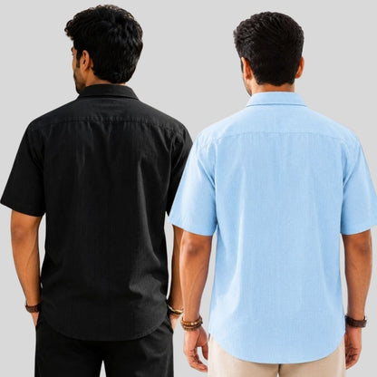 Combo of 2  Linen Half Sleeve Shirt Black and Light Blue-51944
