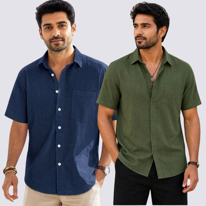 Combo of 2  Linen Half Sleeve Shirt Olive Green and Navy Blue-51947