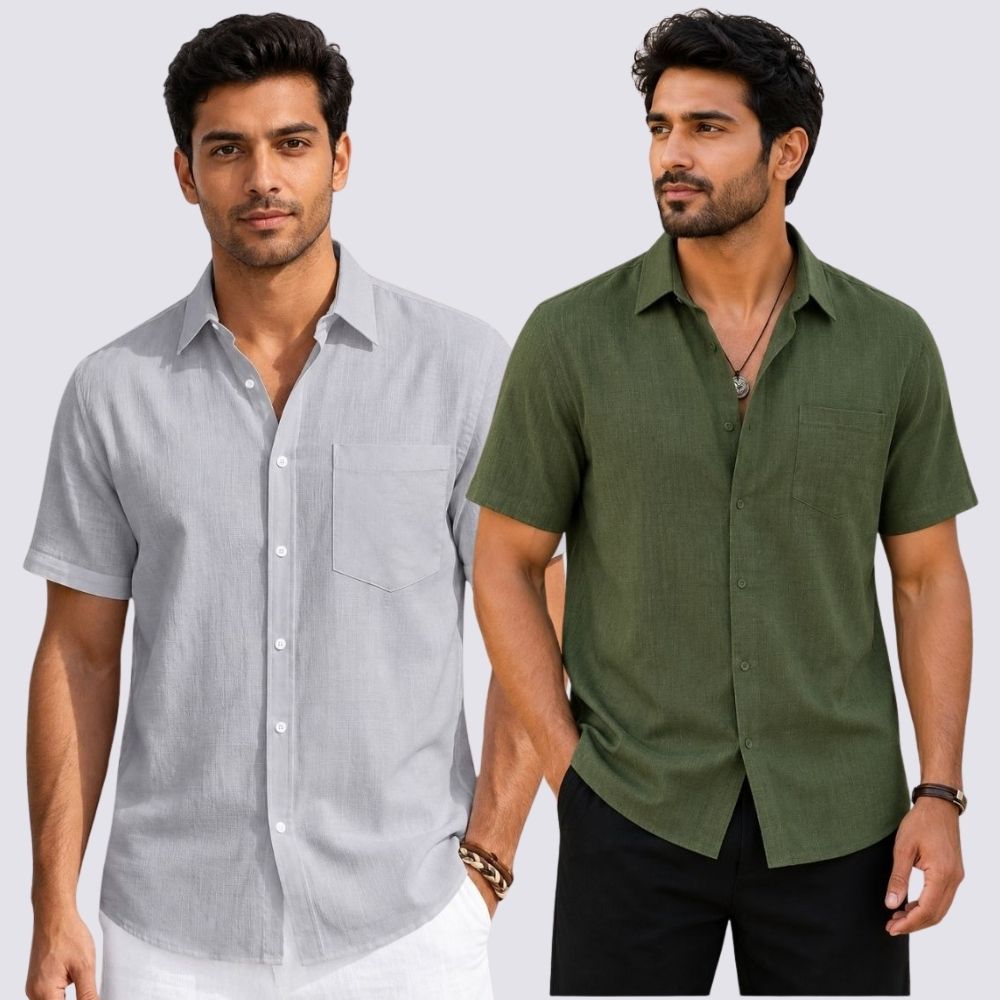 Combo of 2  Linen Half Sleeve Shirt Olive Green and Light Gray-51949