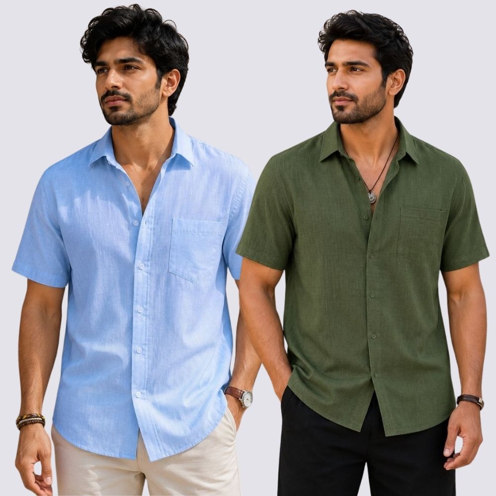 Combo of 2  Linen Half Sleeve Shirt Olive Green and Sky Blue-51950