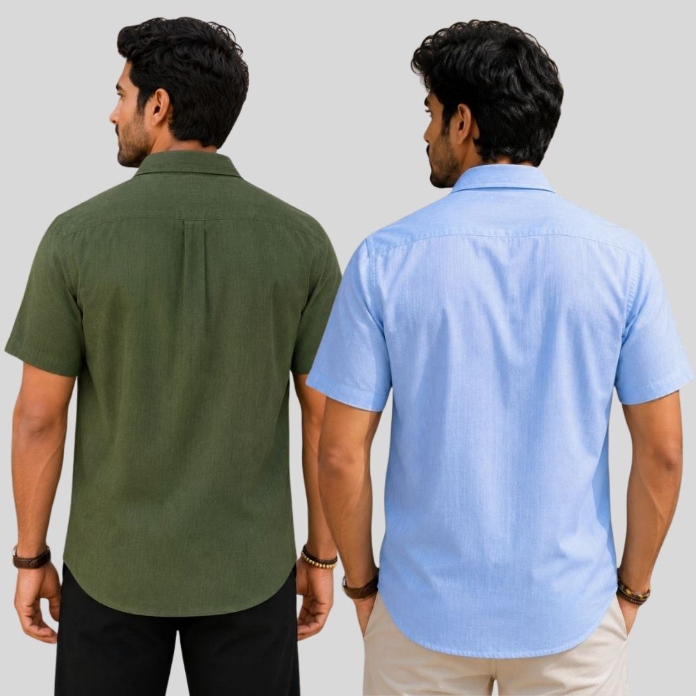 Combo of 2  Linen Half Sleeve Shirt Olive Green and Sky Blue-51950