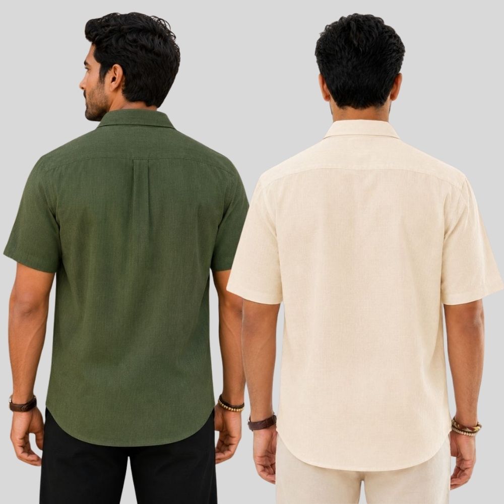 Combo of 2  Linen Half Sleeve Shirt Olive Green and Light Beige-51951