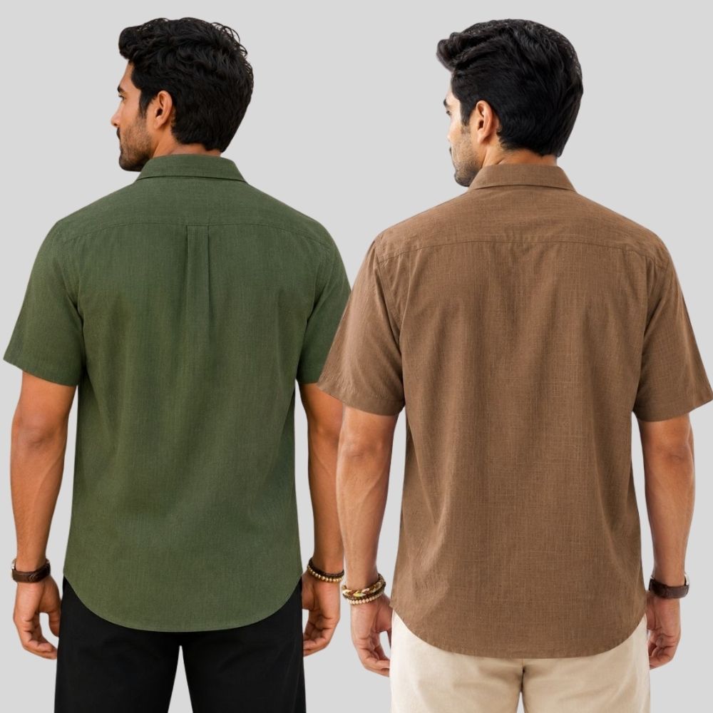 Combo of 2  Linen Half Sleeve Shirt Olive Green and Brown-51954