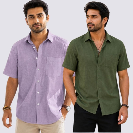 Combo of 2  Linen Half Sleeve Shirt Olive Green and Purple-51955