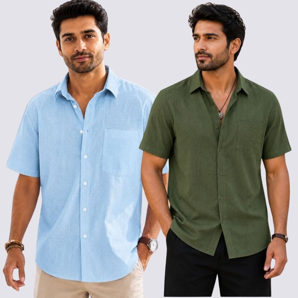 Combo of 2  Linen Half Sleeve Shirt Olive Green and Light Blue-51956