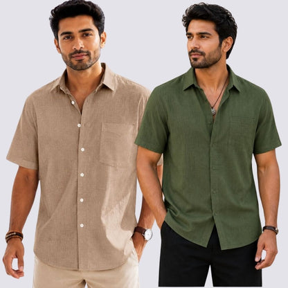 Combo of 2  Linen Half Sleeve Shirt Olive Green and Dark Beige-51957