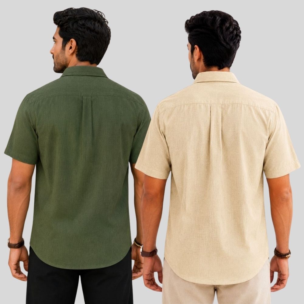 Combo of 2  Linen Half Sleeve Shirt Olive Green and Beige-51958