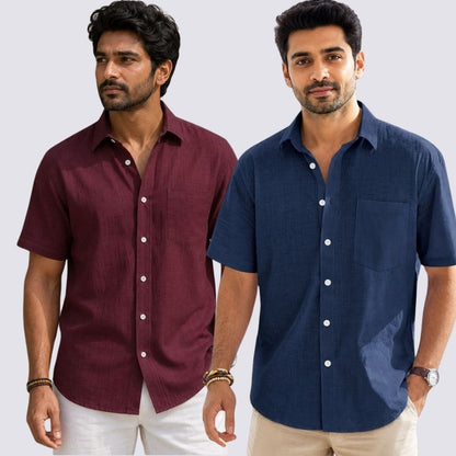 Combo of 2  Linen Half Sleeve Shirt Navy Blue and Maroon-51959
