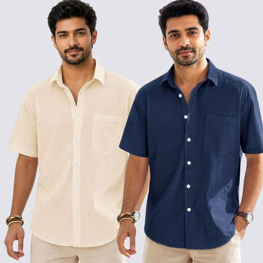 Combo of 2  Linen Half Sleeve Shirt Navy Blue and Light Beige-51962