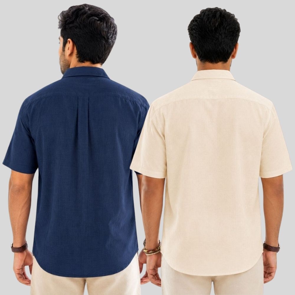 Combo of 2  Linen Half Sleeve Shirt Navy Blue and Light Beige-51962
