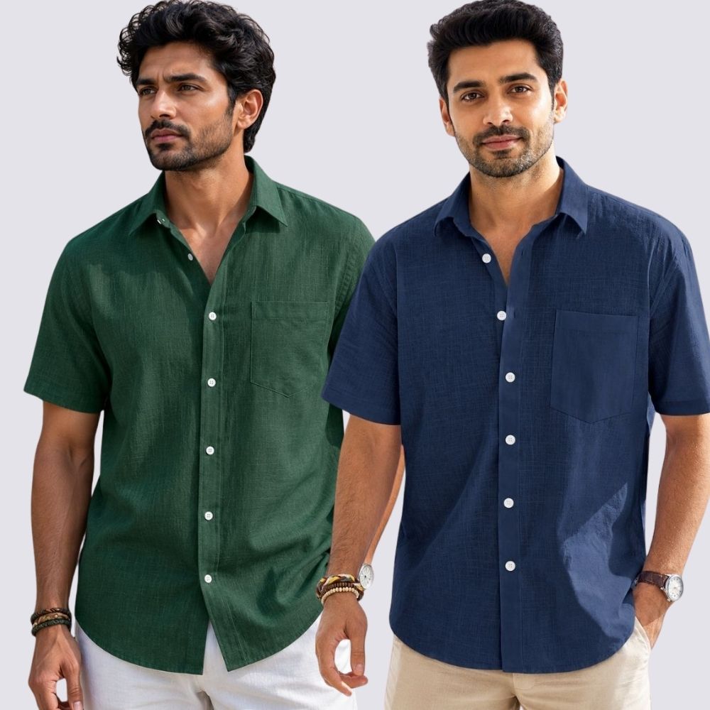 Combo of 2  Linen Half Sleeve Shirt Navy Blue and Bottle Green-51963