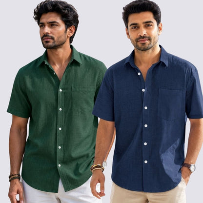 Combo of 2  Linen Half Sleeve Shirt Navy Blue and Bottle Green-51963