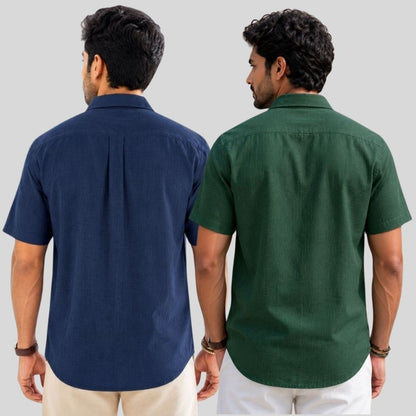 Combo of 2  Linen Half Sleeve Shirt Navy Blue and Bottle Green-51963