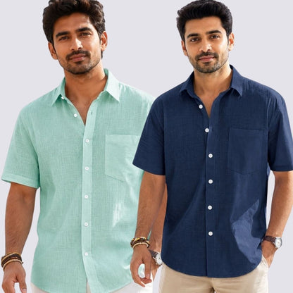 Combo of 2  Linen Half Sleeve Shirt Navy Blue and Parrot Green-51964