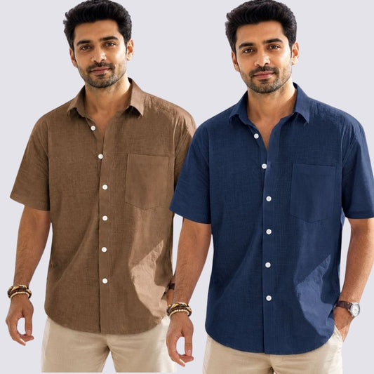 Combo of 2  Linen Half Sleeve Shirt Navy Blue and Brown-51965