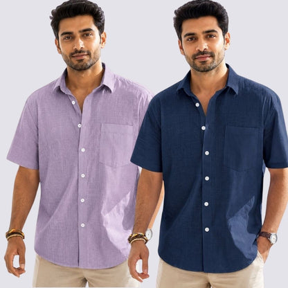 Combo of 2  Linen Half Sleeve Shirt Navy Blue and Purple-51966