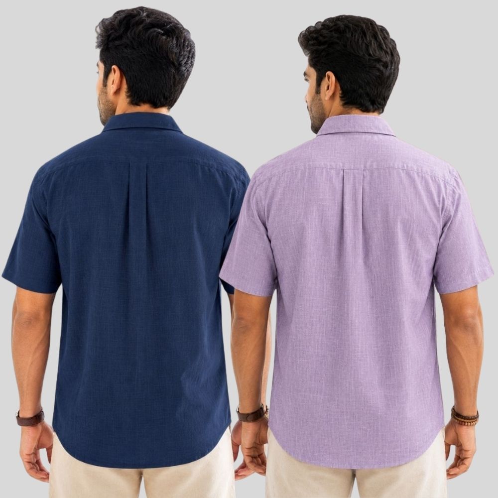Combo of 2  Linen Half Sleeve Shirt Navy Blue and Purple-51966