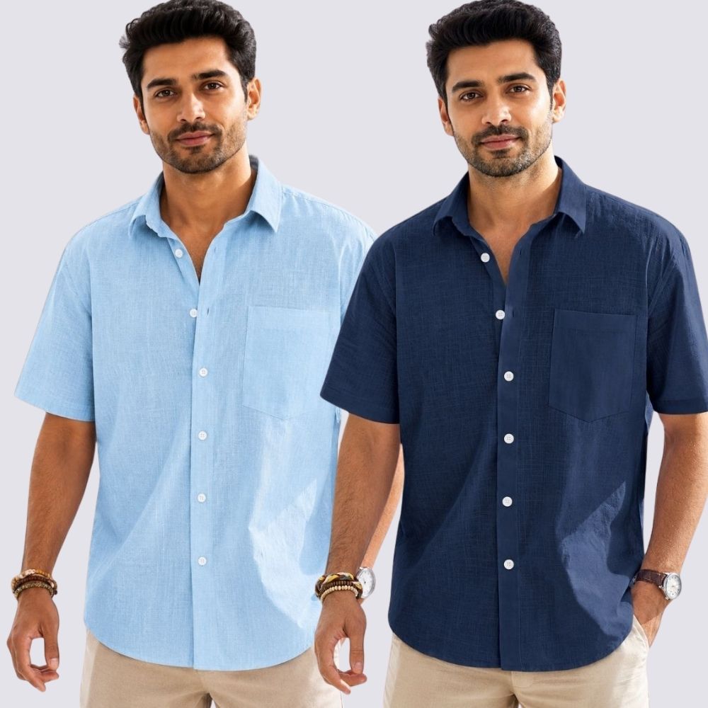 Combo of 2  Linen Half Sleeve Shirt Navy Blue and Light Blue-51967