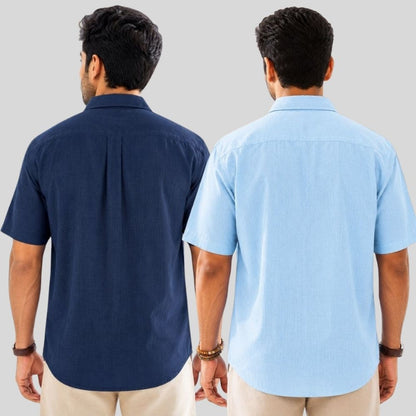 Combo of 2  Linen Half Sleeve Shirt Navy Blue and Light Blue-51967