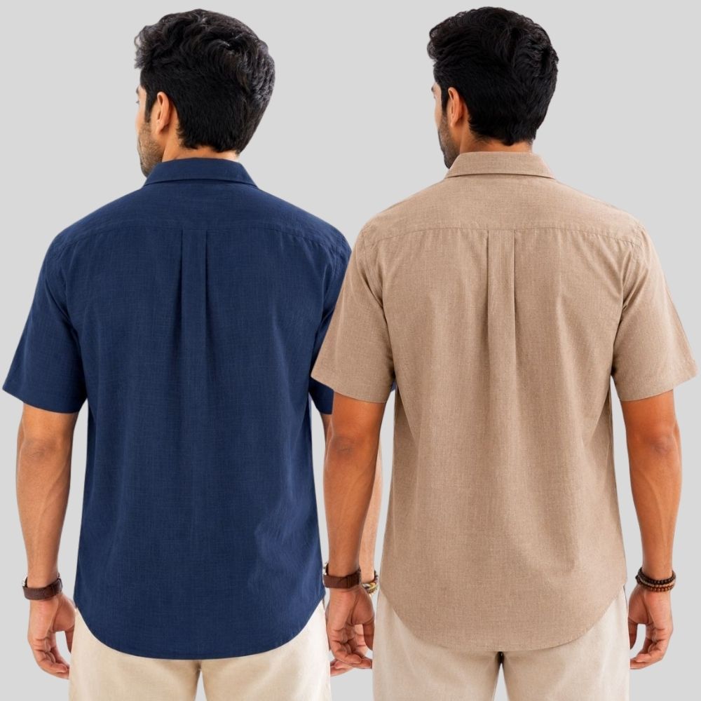 Combo of 2  Linen Half Sleeve Shirt Navy Blue and Dark Beige-51968