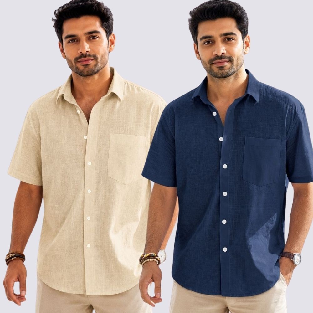 Combo of 2  Linen Half Sleeve Shirt Navy Blue and Beige-51969