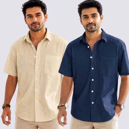 Combo of 2  Linen Half Sleeve Shirt Navy Blue and Beige-51969