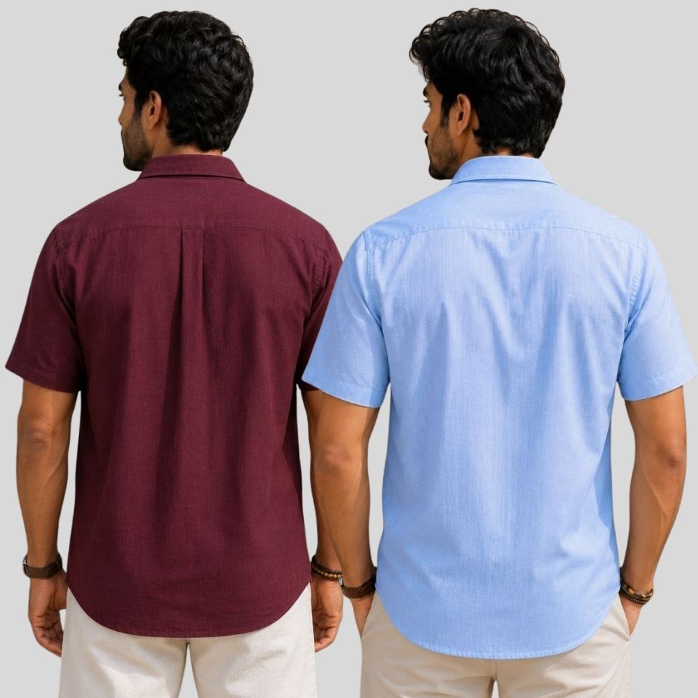 Combo of 2  Linen Half Sleeve Shirt Maroon and Sky Blue-51971