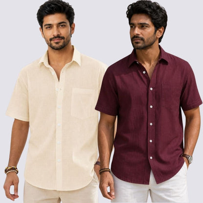 Combo of 2  Linen Half Sleeve Shirt Maroon and Light Beige-51972