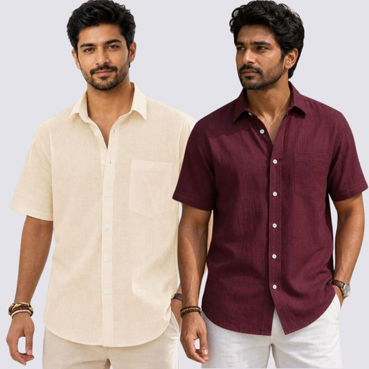 Combo of 2  Linen Half Sleeve Shirt Maroon and Light Beige-51972