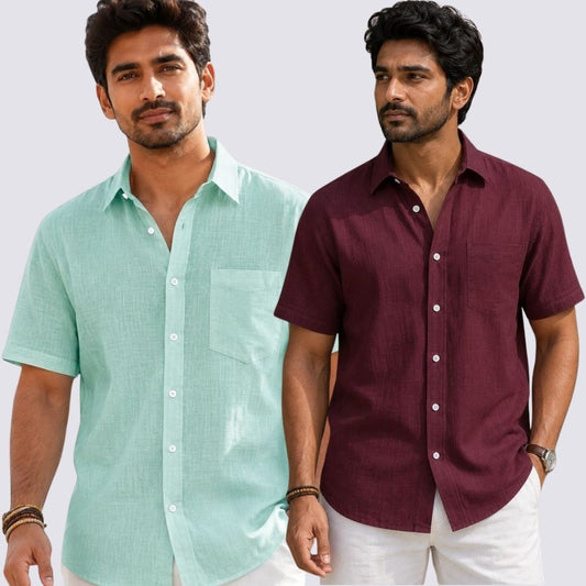 Combo of 2  Linen Half Sleeve Shirt Maroon and Parrot Green-51974