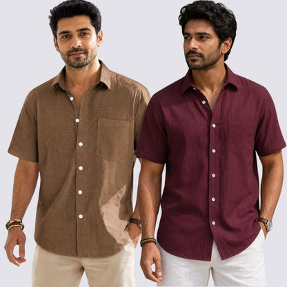 Combo of 2  Linen Half Sleeve Shirt Maroon and Brown-51975