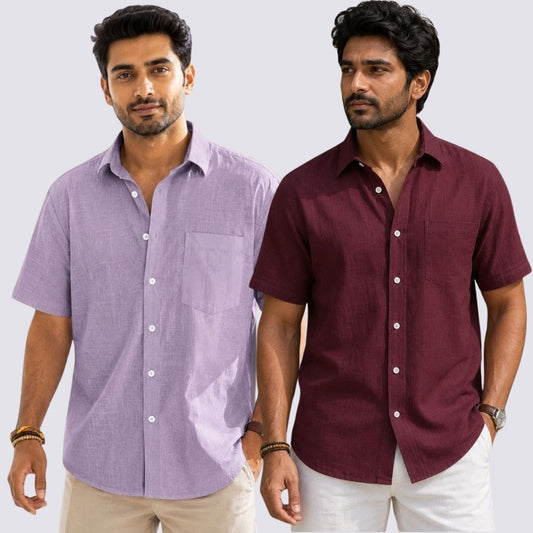 Combo of 2  Linen Half Sleeve Shirt Maroon and Purple-51976