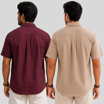 Combo of 2  Linen Half Sleeve Shirt Maroon and Dark Beige-51978