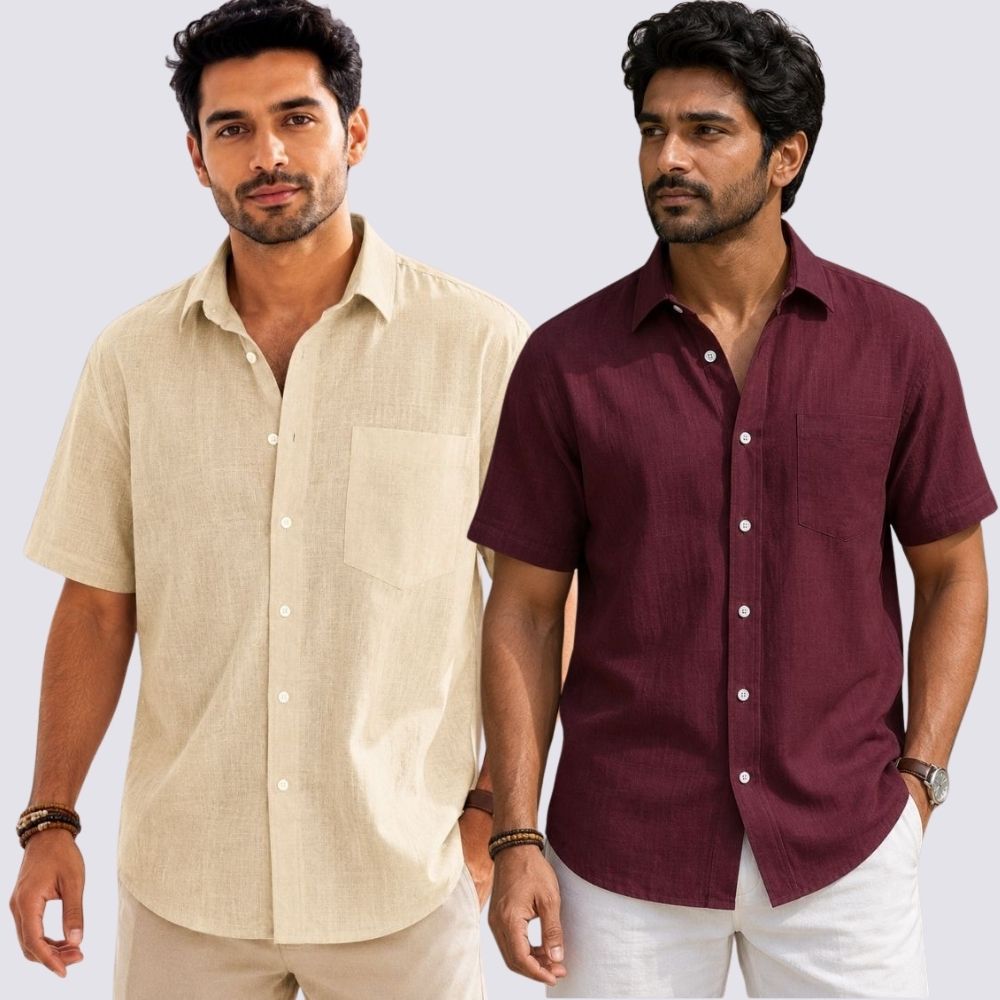 Combo of 2  Linen Half Sleeve Shirt Maroon and Beige-51979