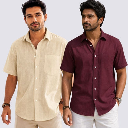 Combo of 2  Linen Half Sleeve Shirt Maroon and Beige-51979