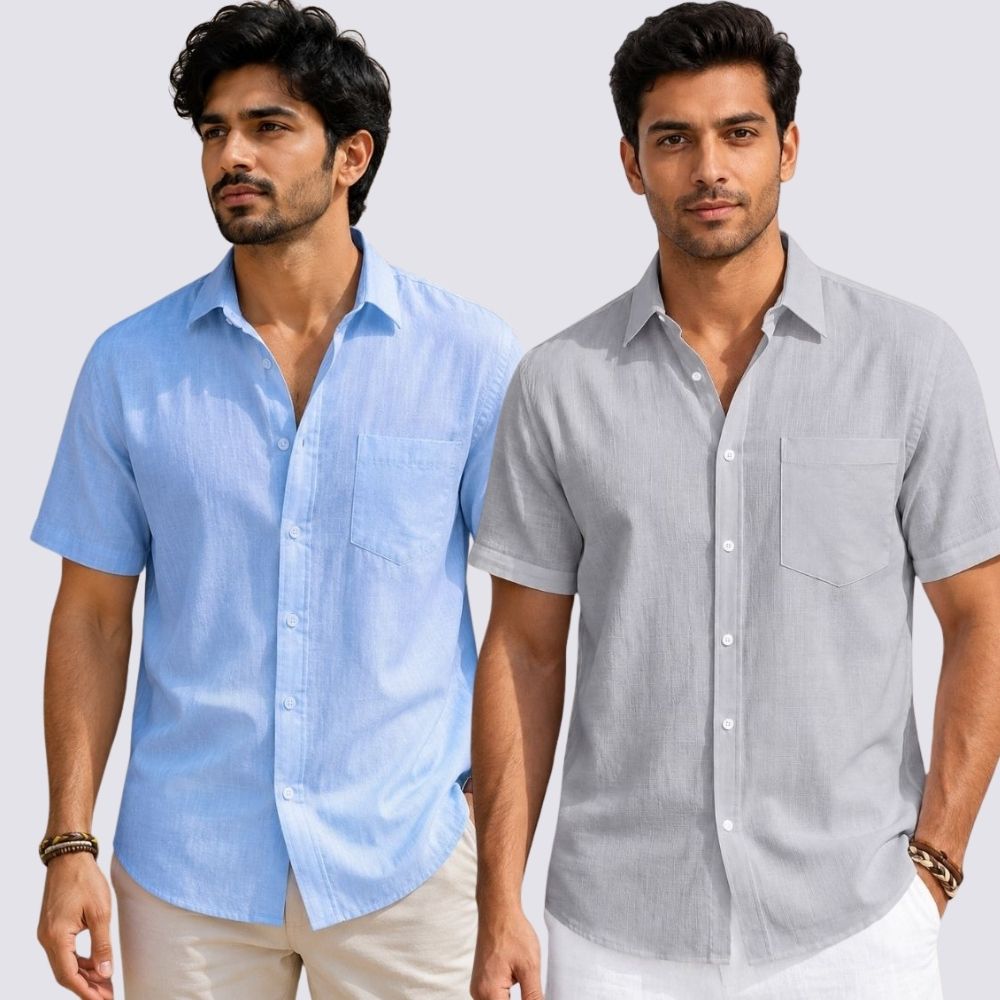 Combo of 2  Linen Half Sleeve Shirt Light Gray and Sky Blue-51980