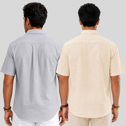 Combo of 2  Linen Half Sleeve Shirt Light Gray and Light Beige-51981
