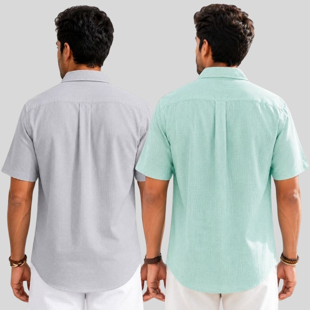 Combo of 2  Linen Half Sleeve Shirt Light Gray and Parrot Green-51983