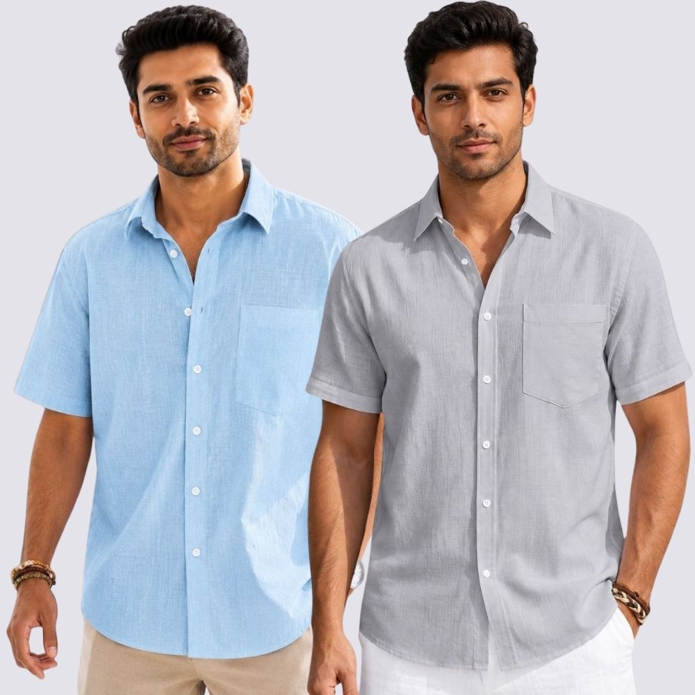 Combo of 2  Linen Half Sleeve Shirt Light Gray and Light Blue-51986