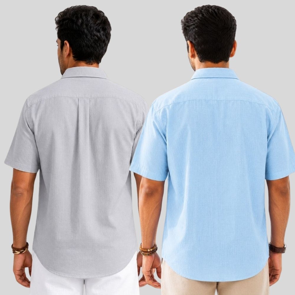 Combo of 2  Linen Half Sleeve Shirt Light Gray and Light Blue-51986