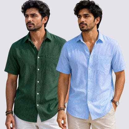Combo of 2  Linen Half Sleeve Shirt Sky Blue and Bottle Green-51990