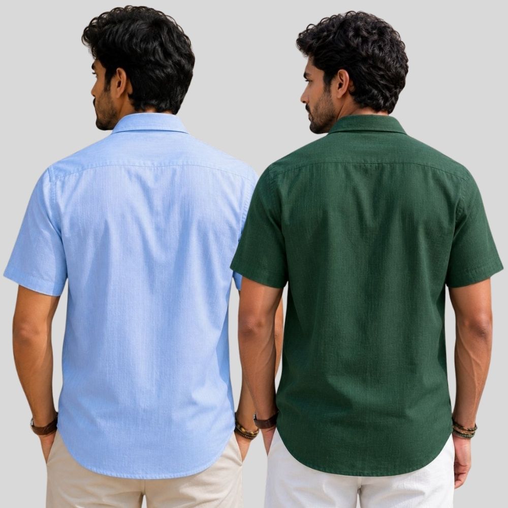 Combo of 2  Linen Half Sleeve Shirt Sky Blue and Bottle Green-51990